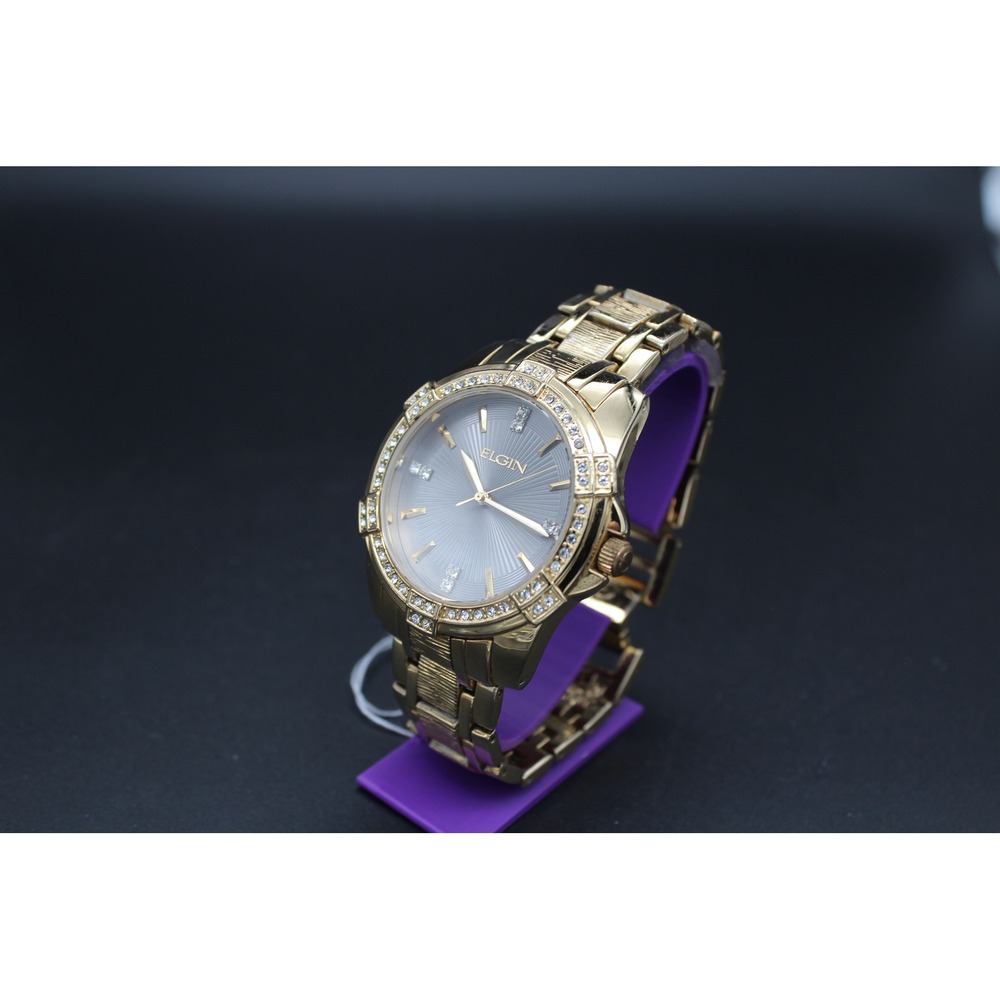 Elgin Men's Gold Tone Crystal Accent Quartz Watch Sunburst Dial Japan Movt‎